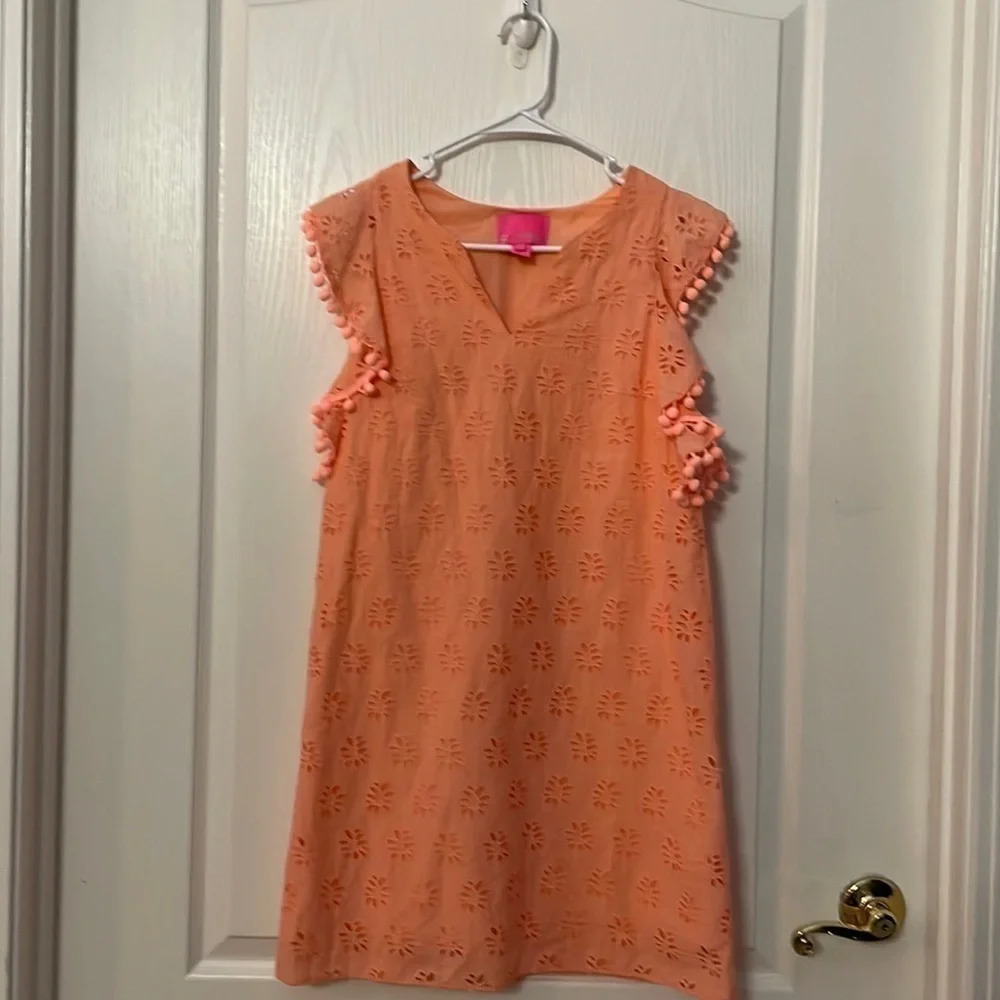 Lilly Pulitzer | Peach Astara Pom-Pom Trimmed Eyelet Shift Dress Size XXS